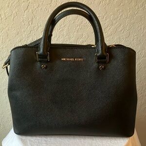 Michael Kors: Black Sheila Medium Faux Saffiano Leather Satchel- Gold Tone